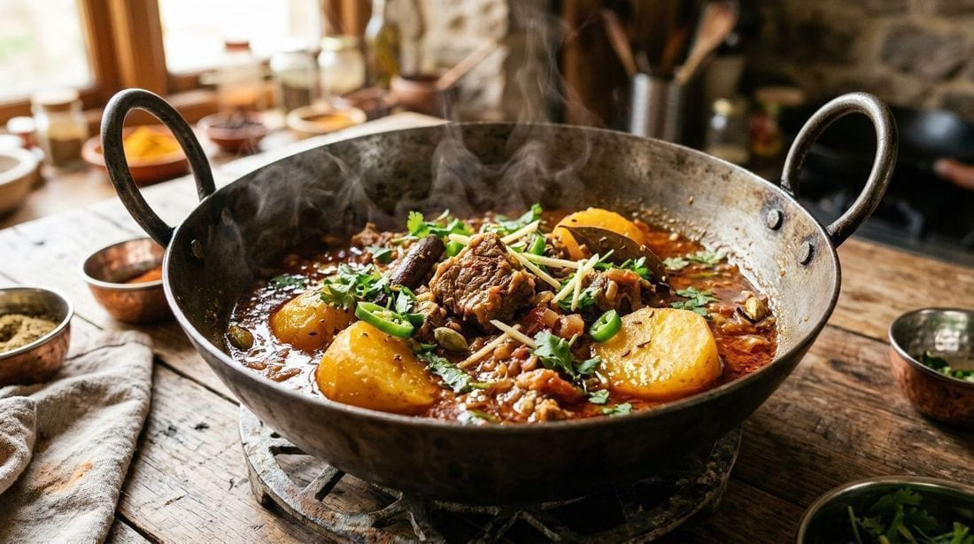 Aloo gosht beef and potato curry in a deep steel karahi, rich red onion-tomato gravy, whole spices and coriander garnish