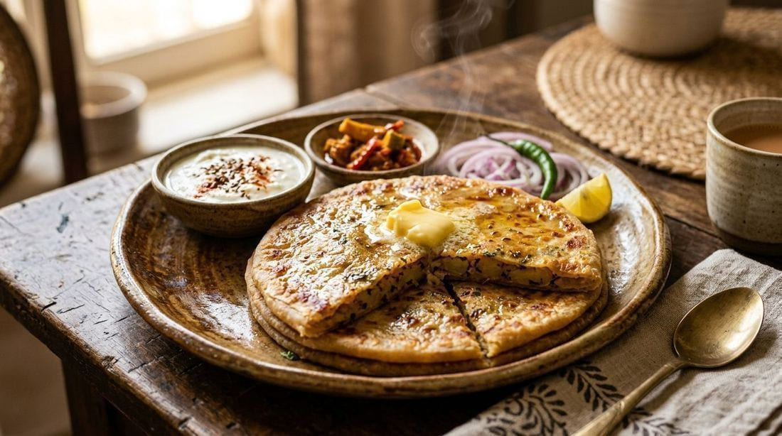 Golden flaky aloo paratha on a rustic plate with a dollop of butter, yogurt, pickle and sliced onion