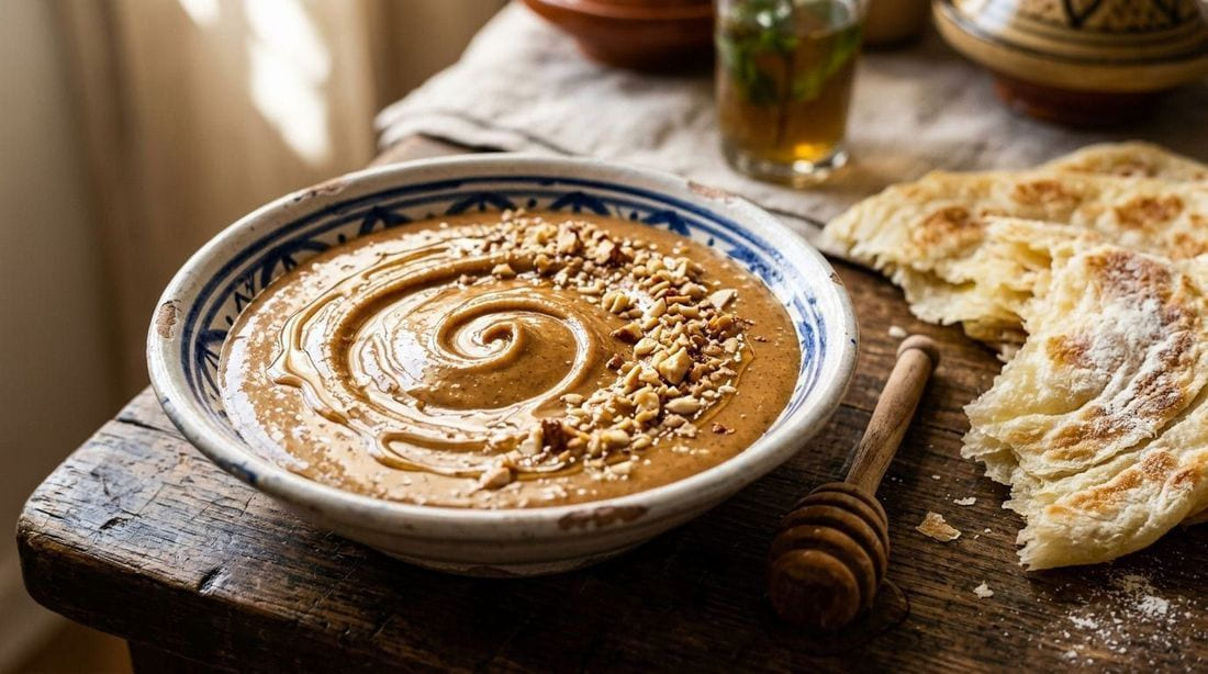 Moroccan amlou almond, honey, and argan oil spread in a bowl with bread and a spoon of glossy spread