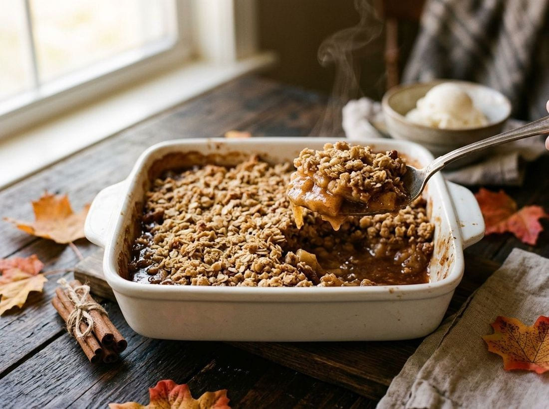 Golden-brown apple crisp with oat crumble in a white baking dish, a serving spoon lifting a portion with tender cinnamon apples underneath, steam rising, cinnamon sticks and autumn leaves nearby in warm light