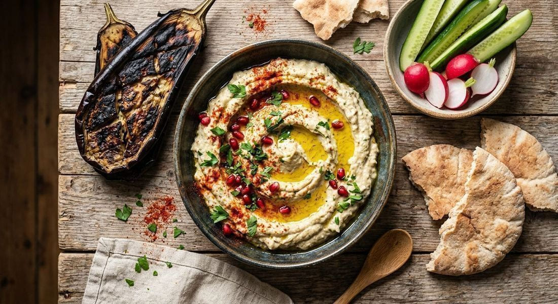 Smoky baba ganoush in a rustic bowl swirled with olive oil, paprika and parsley, with charred eggplant halves and warm pita wedges beside it