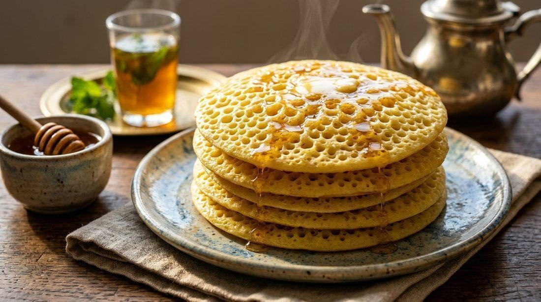 Stack of golden Moroccan baghrir thousand-hole semolina pancakes drizzled with honey and melted butter, with mint tea in the background