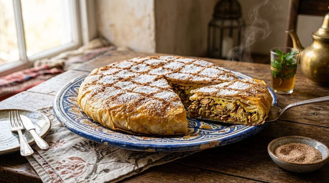 Moroccan chicken bastilla dusted with powdered sugar and cinnamon, with a slice cut out showing layers