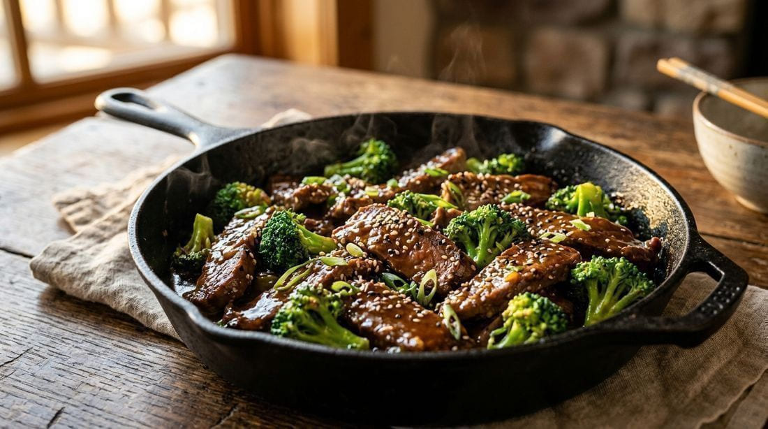 Glossy beef and broccoli stir-fry in a black cast-iron skillet — seared beef slices and emerald florets coated in dark garlic-ginger sauce with sesame seeds and green onions