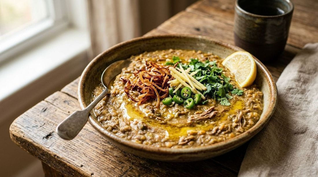 Bowl of haleem topped with crispy fried onions, lemon wedges, green chilies and a drizzle of ghee
