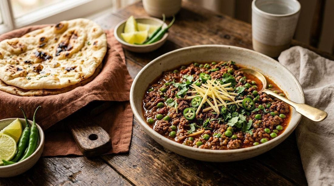 Beef keema spiced minced beef with green peas in a shallow dish, ginger matchsticks, green chilies and coriander, naan beside