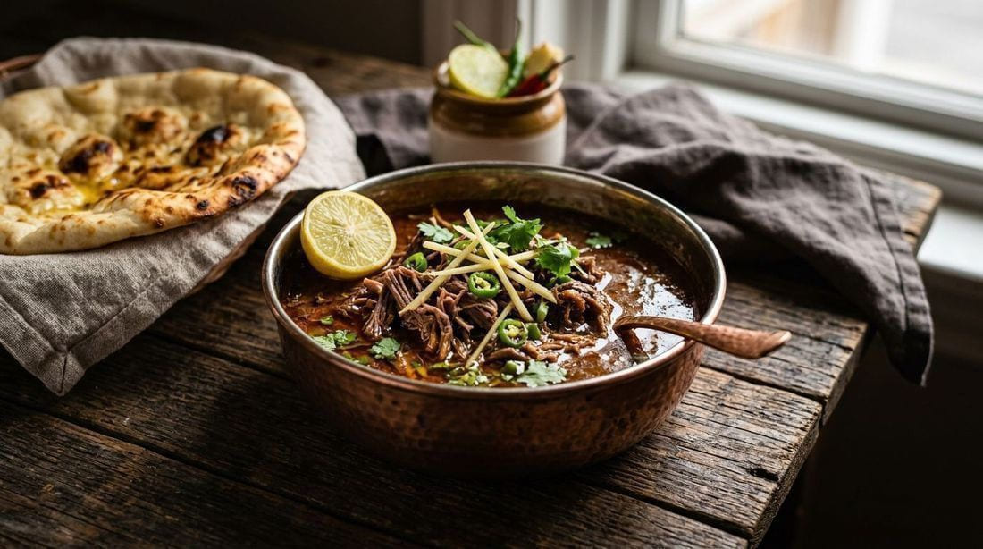 Dark glossy beef nihari stew in a deep dish, garnished with fresh ginger, lemon wedge and coriander, with naan