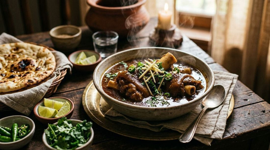 Beef paye trotters stew with rich dark gravy, garnished with fresh ginger, green chilies and coriander, naan beside