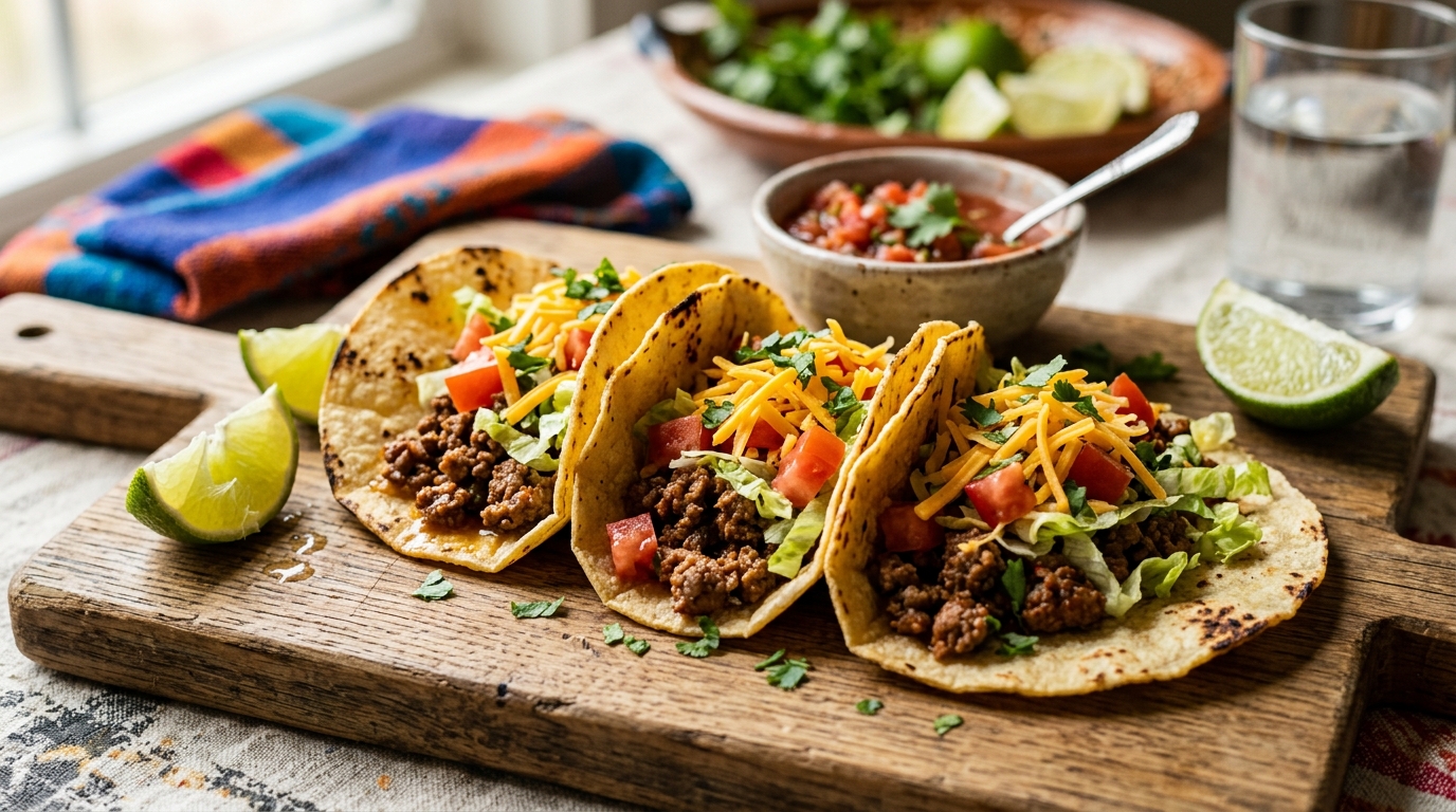 Beef tacos in charred corn tortillas with pickled onions and cilantro