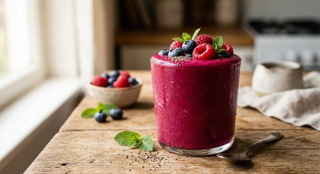 Deep magenta berry beet smoothie topped with fresh berries in a clear glass