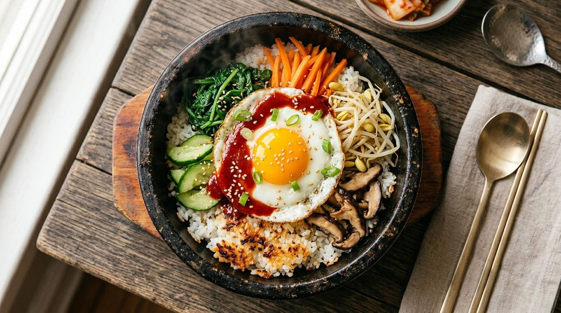 Korean dolsot bibimbap in a hot black stone bowl — crispy golden rice topped with neat rows of spinach, carrots, bean sprouts, shiitake mushrooms and cucumber, a sunny-side-up egg with vivid orange yolk, swirl of red gochujang and toasted sesame seeds