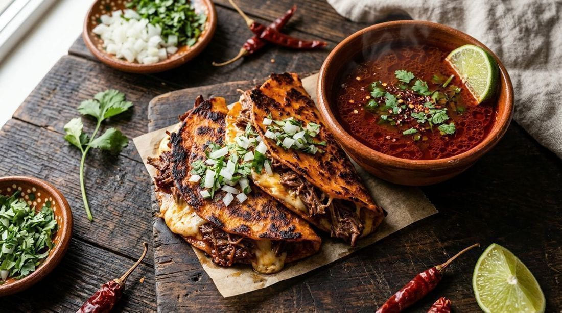 Birria tacos with crispy cheese-crusted corn tortillas, shredded slow-braised beef, and a bowl of brick-red consommé for dipping
