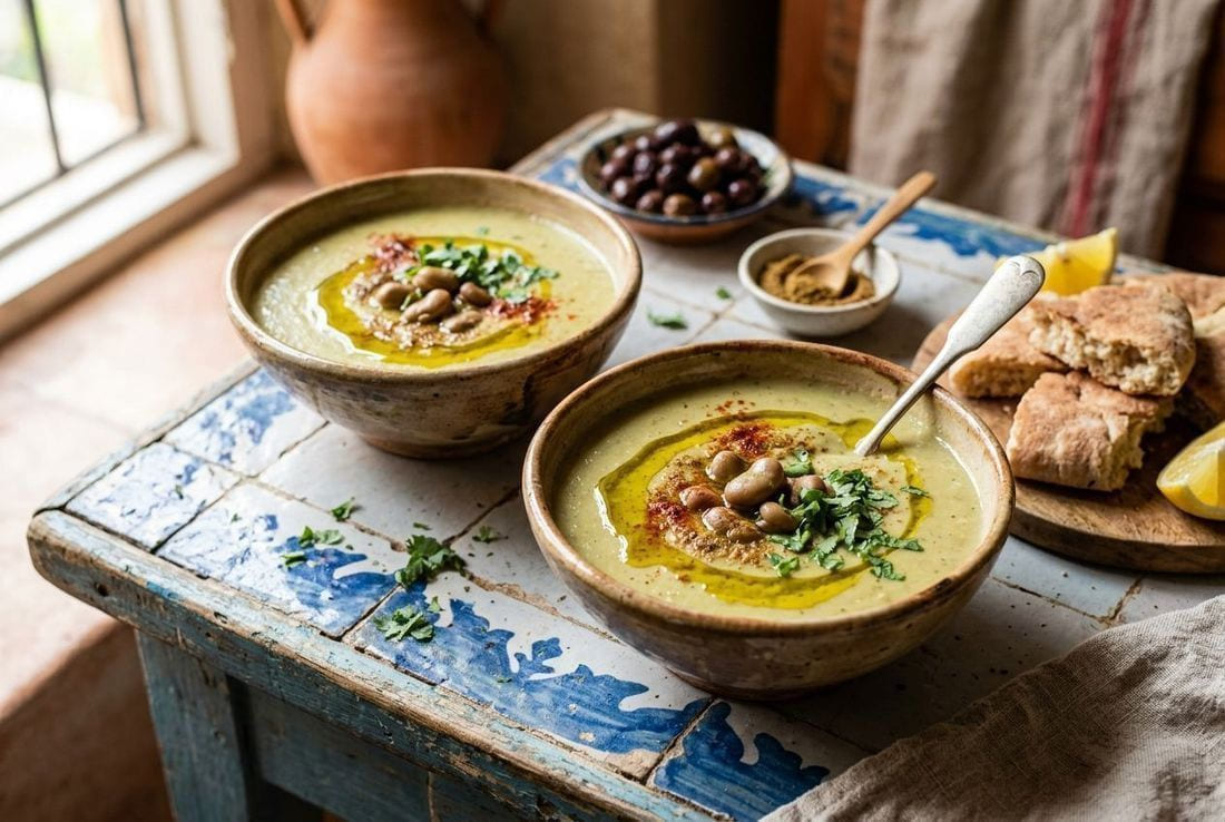 Two rustic Moroccan ceramic bowls of creamy bissara fava bean soup, each swirled with green-gold olive oil and dusted with cumin and paprika, garnished with cilantro, with torn khobz flatbread, lemon wedges, and Moroccan olives on a zellige tiled table in warm natural light