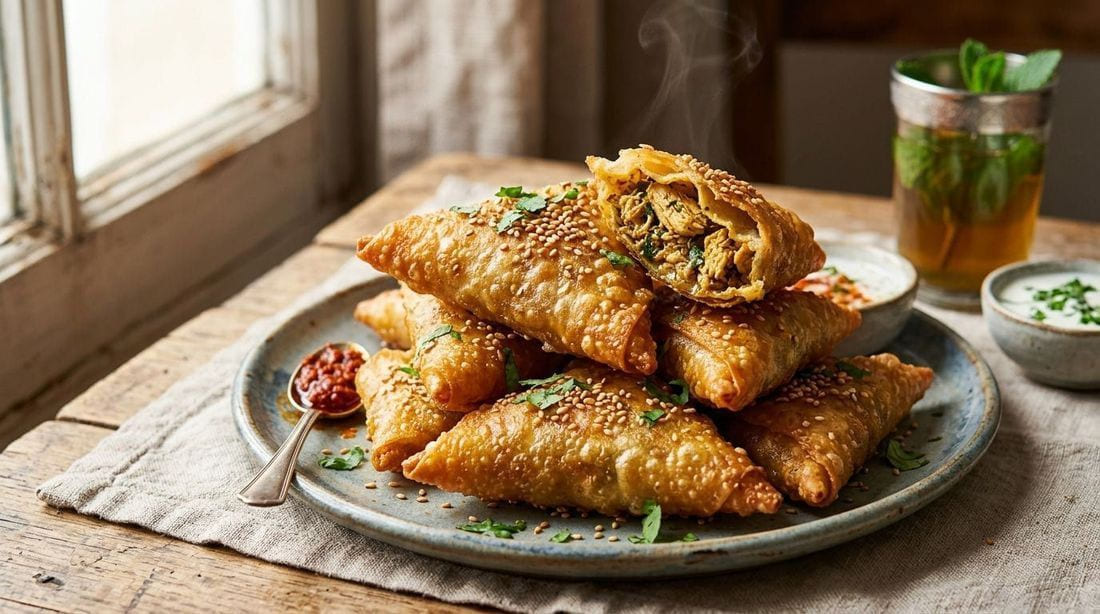 Crispy golden Moroccan chicken briouats stacked on a plate with sesame seeds and cilantro