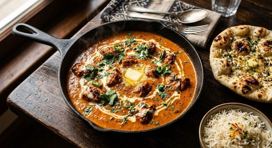 Creamy butter chicken in a black cast-iron skillet with melted butter, cilantro garnish, and naan alongside