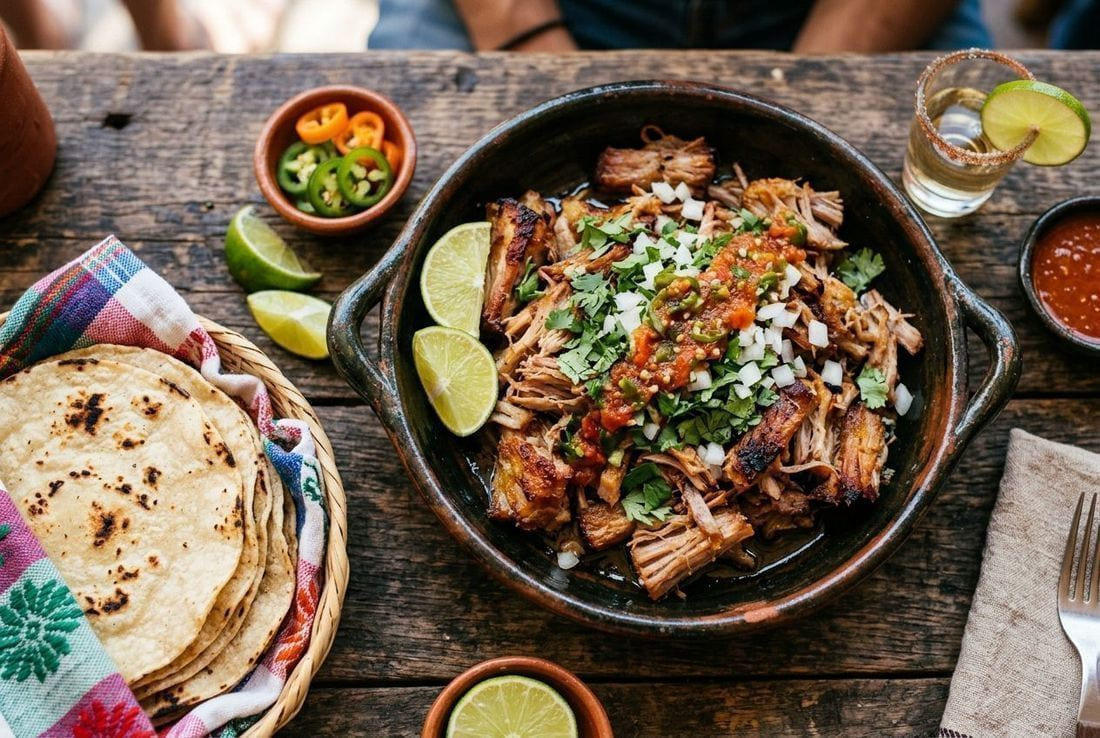 Golden crispy-edged shredded carnitas pork in a rustic ceramic dish topped with cilantro, diced onion, and lime wedges, with warm corn tortillas alongside
