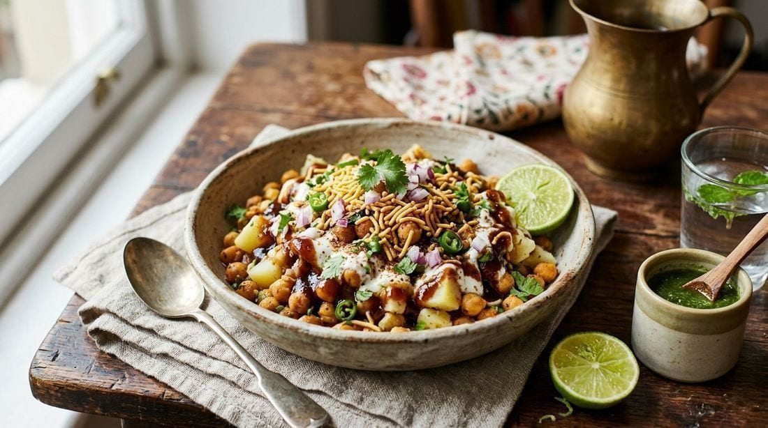 Chana chaat spiced chickpeas with diced potatoes, drizzled with tamarind chutney and yogurt, topped with sev and coriander