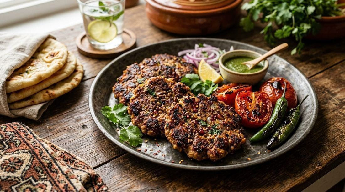 Chapli kebabs flat crispy minced beef patties on a rustic metal platter, charred tomatoes, green chilies, lemon and coriander