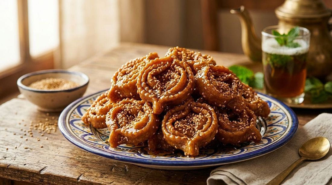 Moroccan chebakia honey-glazed sesame flower cookies piled on a plate