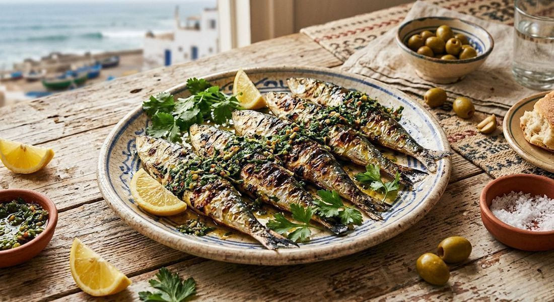 Grilled sardines coated in vibrant green chermoula with lemon wedges on a rustic platter