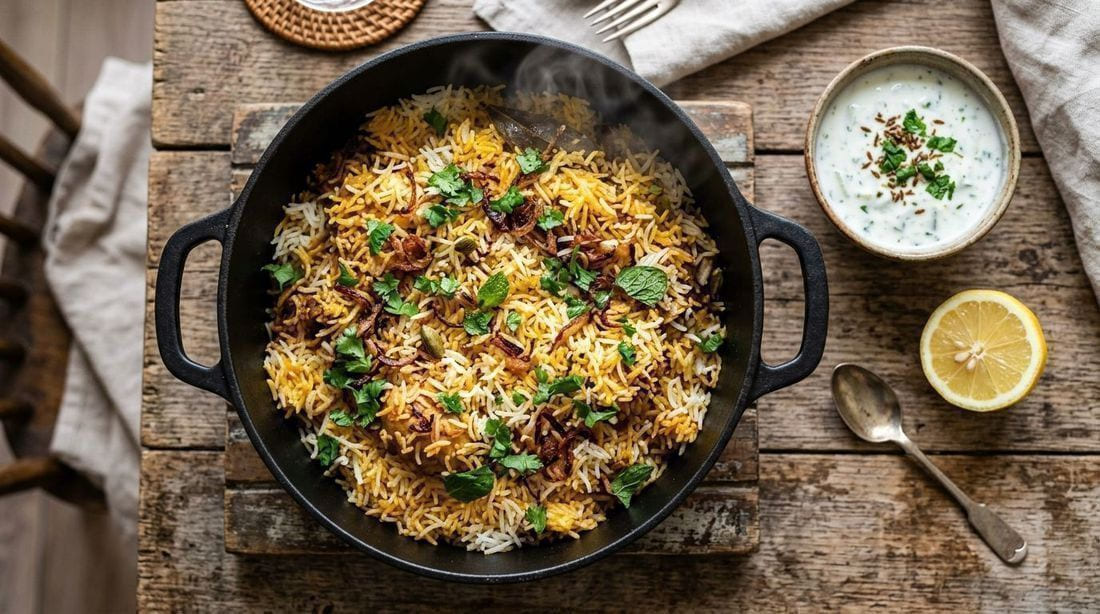 Chicken biryani in a heavy pot with saffron-stained basmati rice layers, fried onions and fresh coriander on top