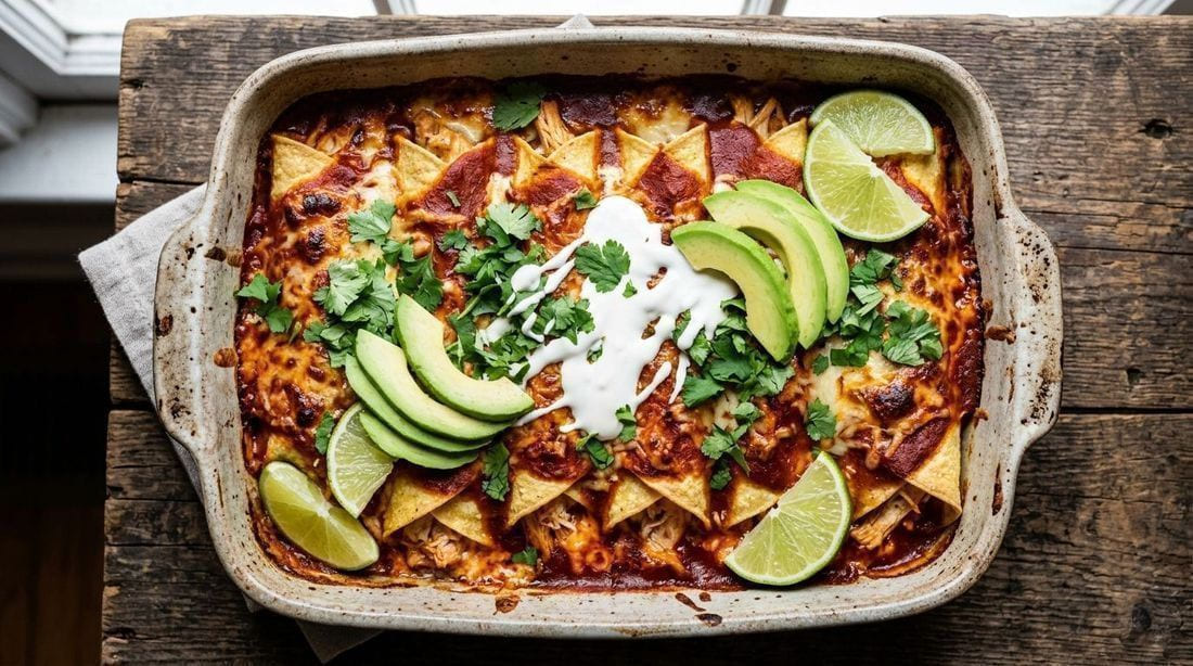 Bubbling baked chicken enchiladas in red chile sauce in a rustic ceramic dish, topped with cilantro, crema, avocado and lime wedges