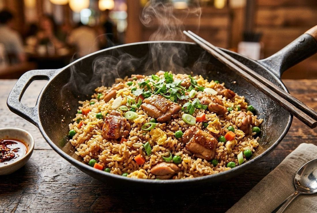 Chicken fried rice with scrambled egg, peas, carrots, and green onion in a wok