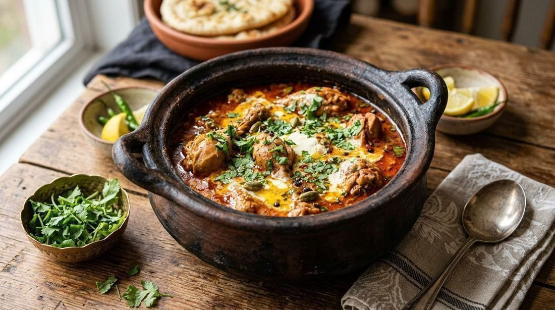 Chicken handi in a clay handi pot with creamy red curry, butter swirls, whole cardamom pods and fresh coriander