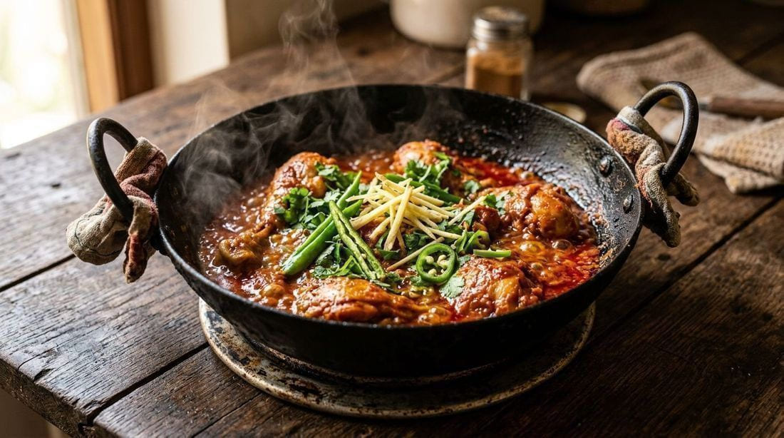 Chicken karahi simmering in a black steel wok with tomato masala, strips of fresh ginger and green chilies