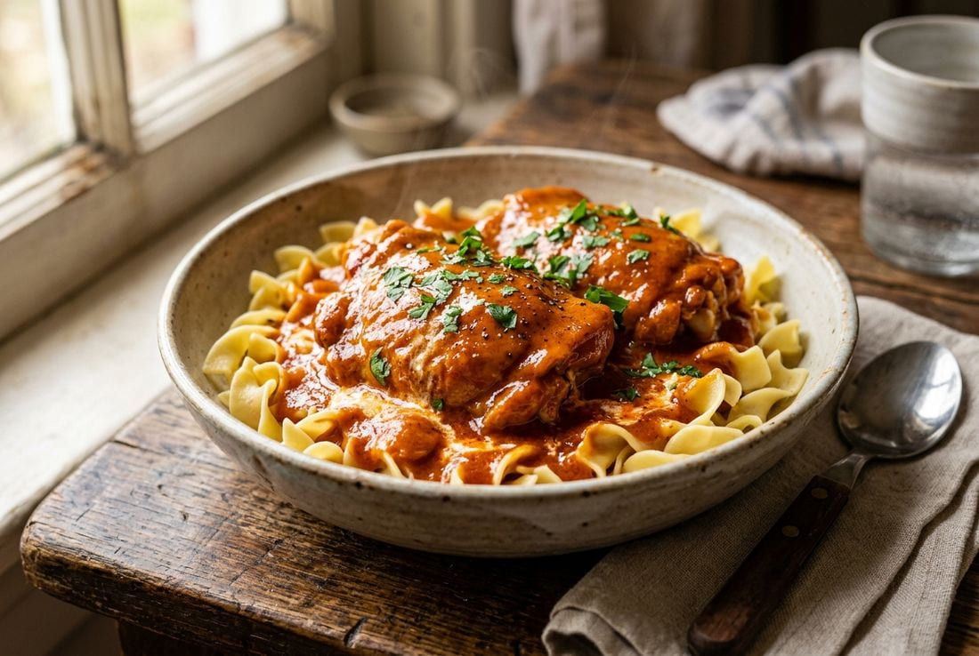 Chicken paprikash with creamy paprika sauce over buttered egg noodles, garnished with parsley