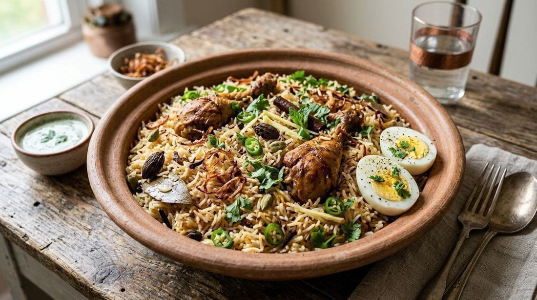 Chicken pulao in a wide pot, fluffy basmati rice with whole spices, boiled egg halves and fresh coriander