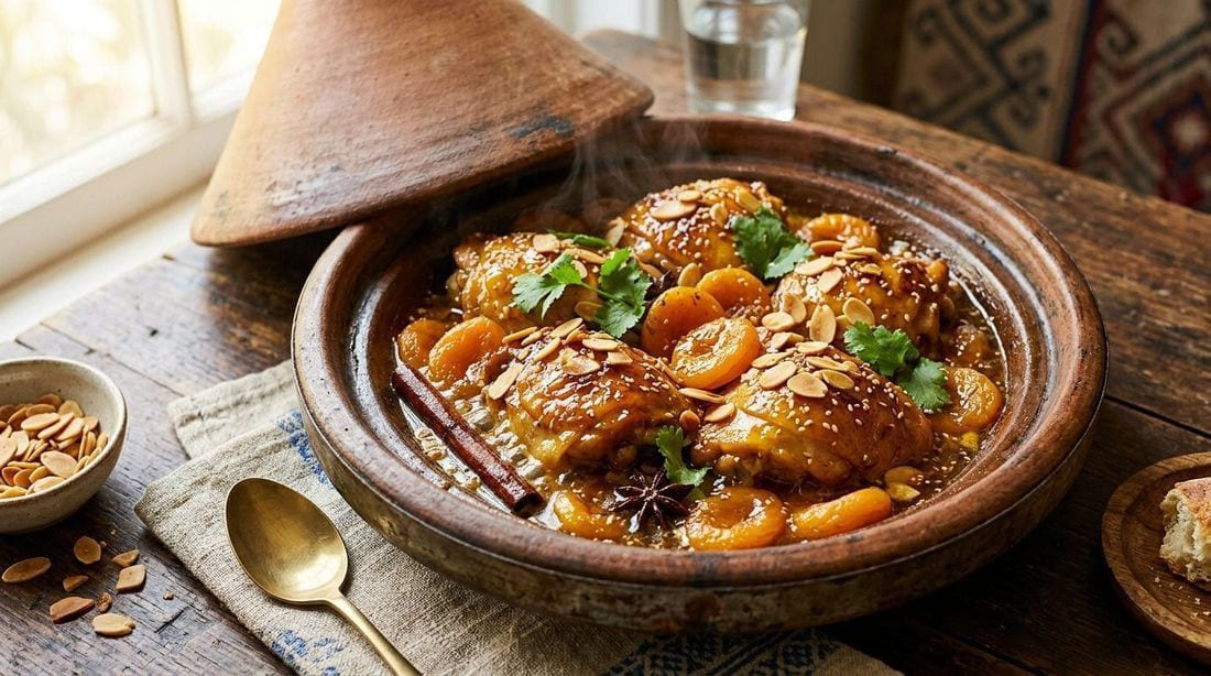 Chicken tagine with dried apricots, toasted almonds, and honey in a golden cinnamon sauce