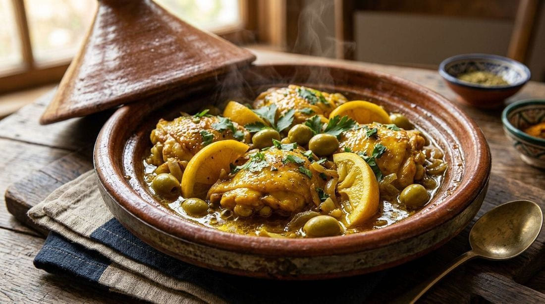 Chicken tagine with preserved lemon and green olives in a golden saffron sauce