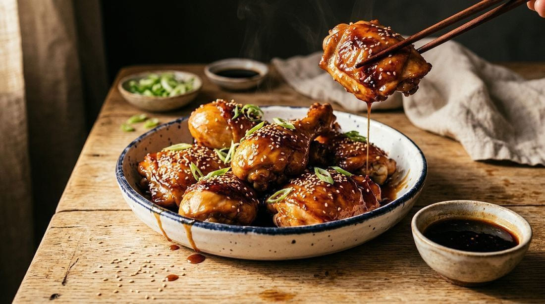 Glossy lacquered chicken teriyaki thighs in a ceramic dish with green onions and sesame seeds