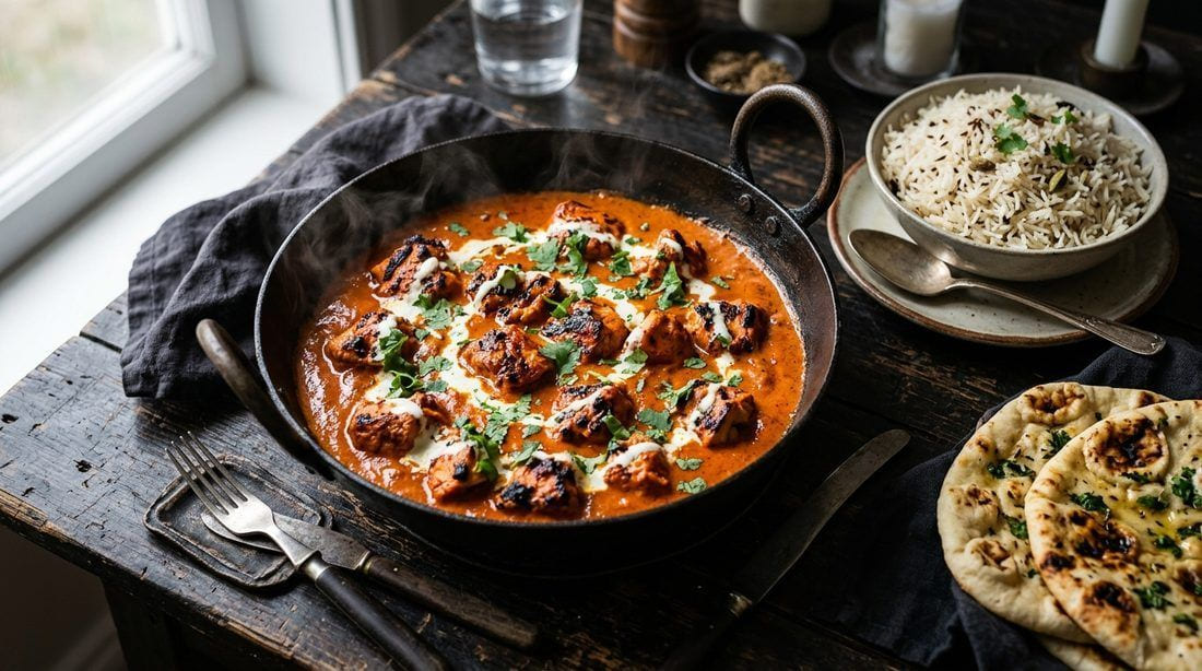 Chicken tikka masala in a dark cast-iron pan — charred chicken chunks in glossy orange-red tomato-cream curry with a cream swirl, cilantro, basmati rice and naan