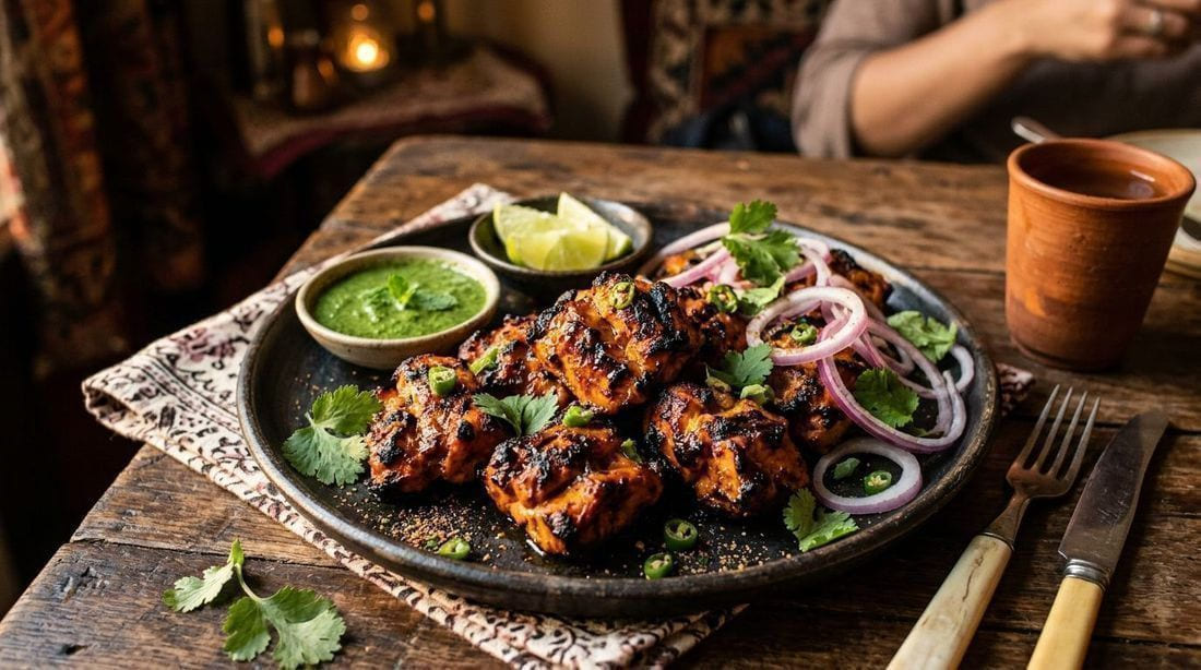 Char-grilled chicken tikka pieces with deep orange-red marinade on a rustic platter, mint chutney, lemon wedges and red onion rings