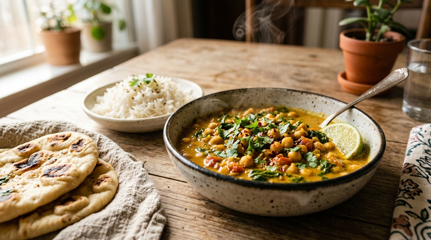 Pot of creamy chickpea curry with spinach and lime