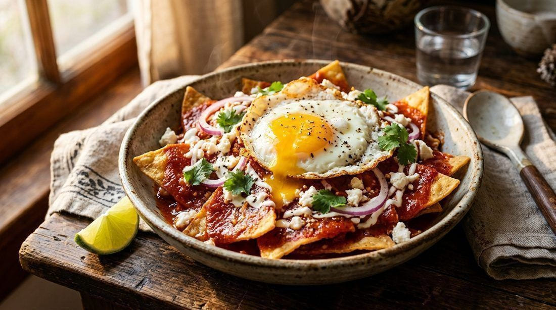 Chilaquiles rojos in a rustic ceramic bowl — corn tortilla chips coated in glossy brick-red chile sauce topped with a runny fried egg, crumbled queso fresco, crema drizzle, red onion and cilantro