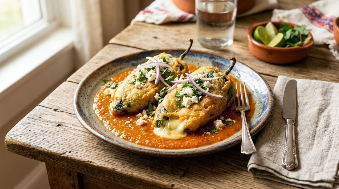 Two golden-battered chiles rellenos on a rustic ceramic plate — cheese-stuffed roasted poblanos in puffy fried egg coating, resting in a pool of warm red tomato sauce topped with crumbled queso fresco and cilantro