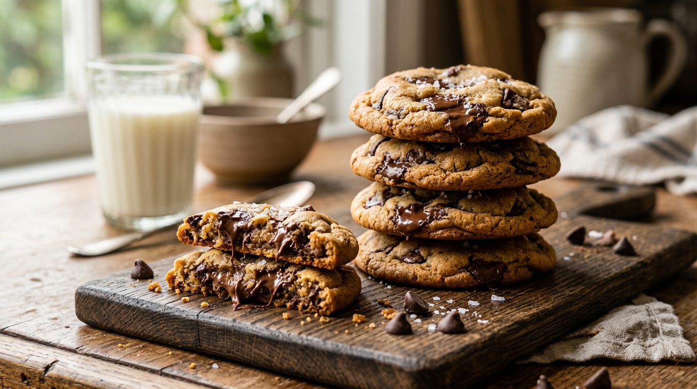 Chocolate chip cookies with melty chocolate pools on a tray