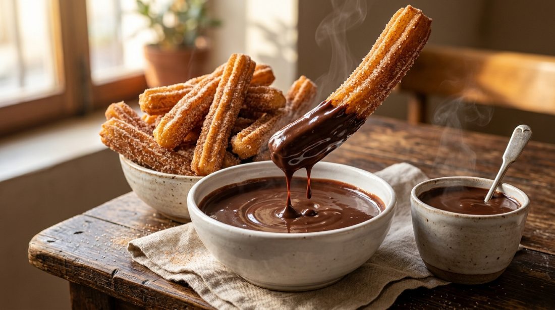 A tower of golden ridged churros dusted in cinnamon sugar with one dunked in a bowl of thick, glossy molten Spanish drinking chocolate, steam rising, on a rustic wooden café table