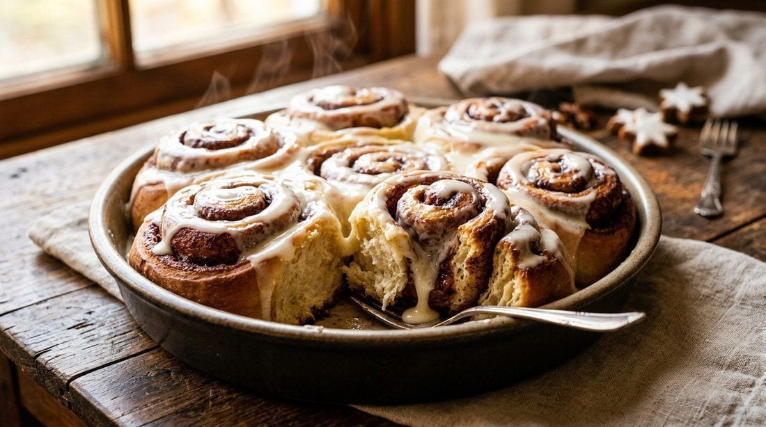 A pan of golden cinnamon rolls with glossy cream cheese glaze dripping down soft spiral layers, one roll pulled apart, steam rising, on a rustic wooden table