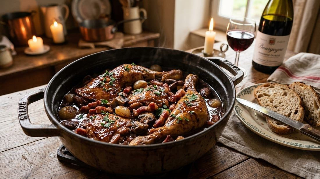Golden braised chicken legs in deep red-wine sauce with crispy bacon lardons, glazed pearl onions, and mushrooms in a rustic cast-iron cocotte, garnished with fresh thyme