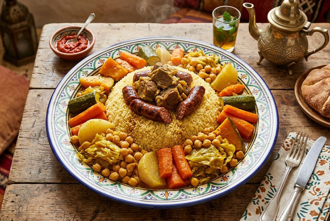 Couscous royal piled high with braised lamb, merguez sausages, and seven vegetables in saffron broth