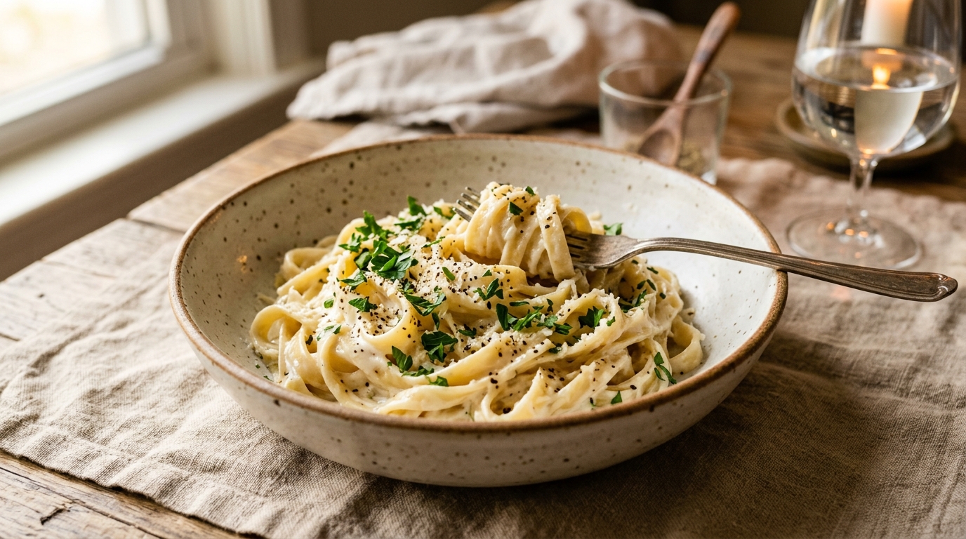 Bowl of creamy garlic pasta with Parmesan and parsley