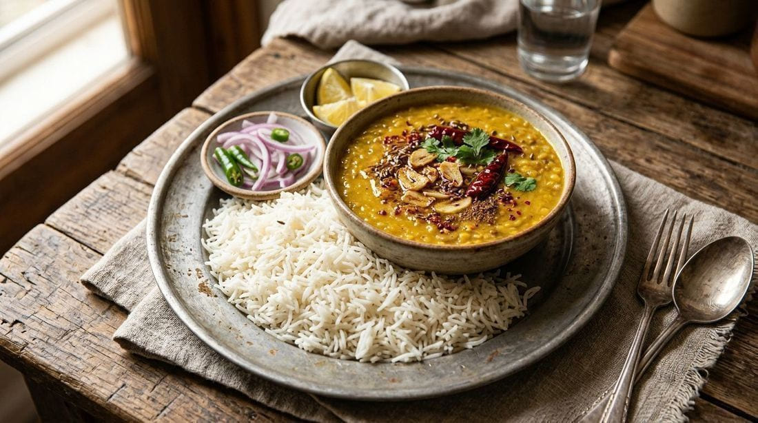 Daal chawal - steamed basmati rice with a bowl of yellow lentil stew topped with fried garlic, cumin seeds and dried red chillies