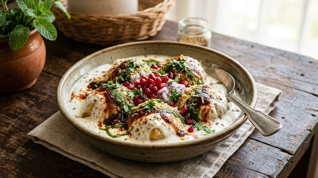 Dahi bhalla lentil dumplings soaked in creamy yogurt, topped with tamarind chutney, green chutney, cumin powder and pomegranate seeds