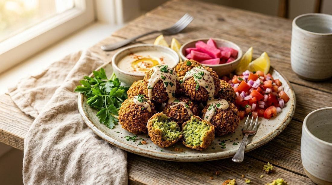 Crispy golden falafel balls with creamy tahini dip, fresh parsley and diced vegetables on a rustic plate