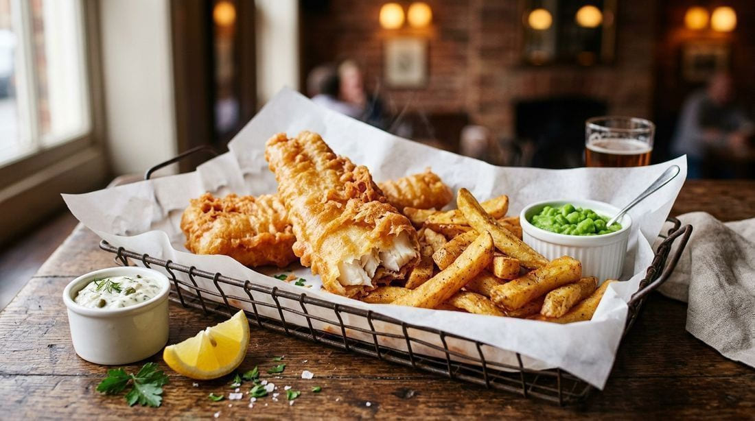 Crispy beer-battered fish and chips with thick-cut chips, a lemon wedge, and tartar sauce