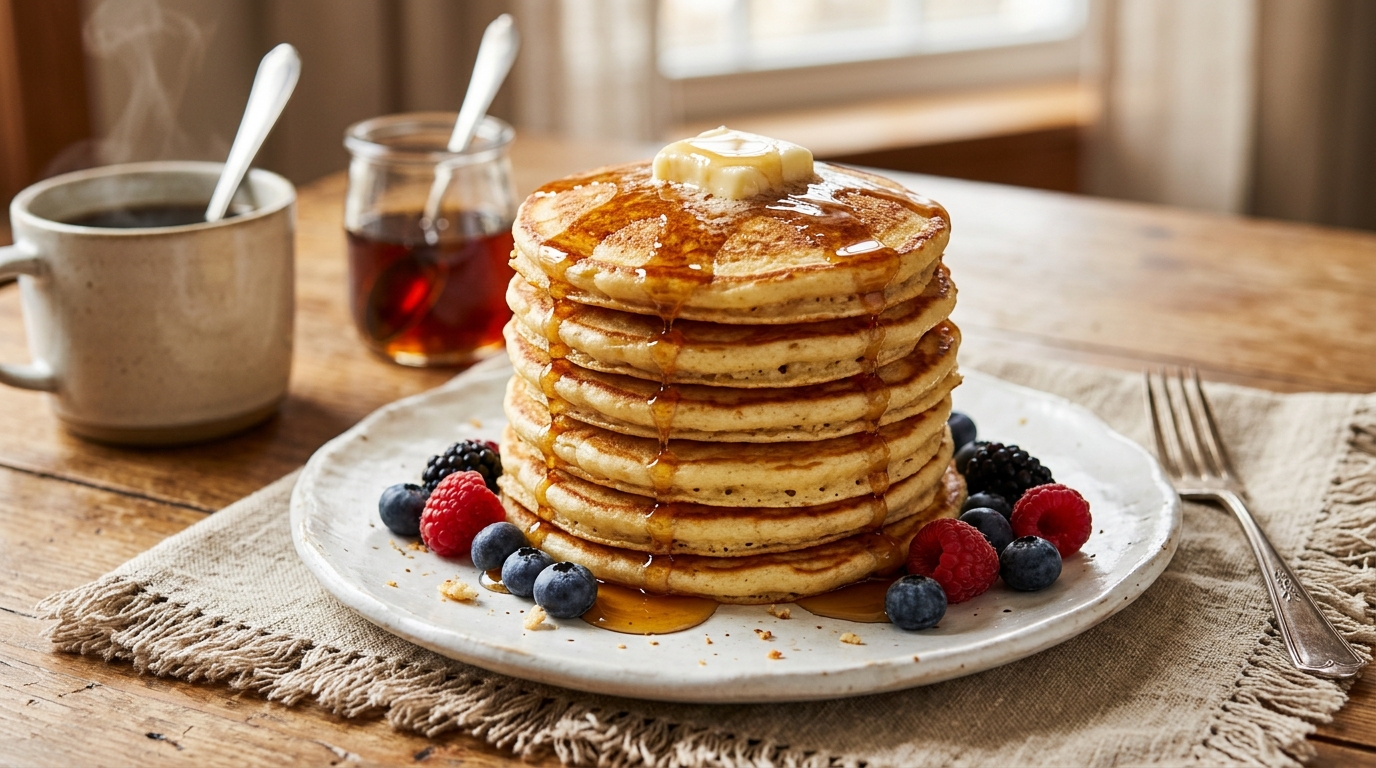 Stack of fluffy pancakes topped with butter and syrup